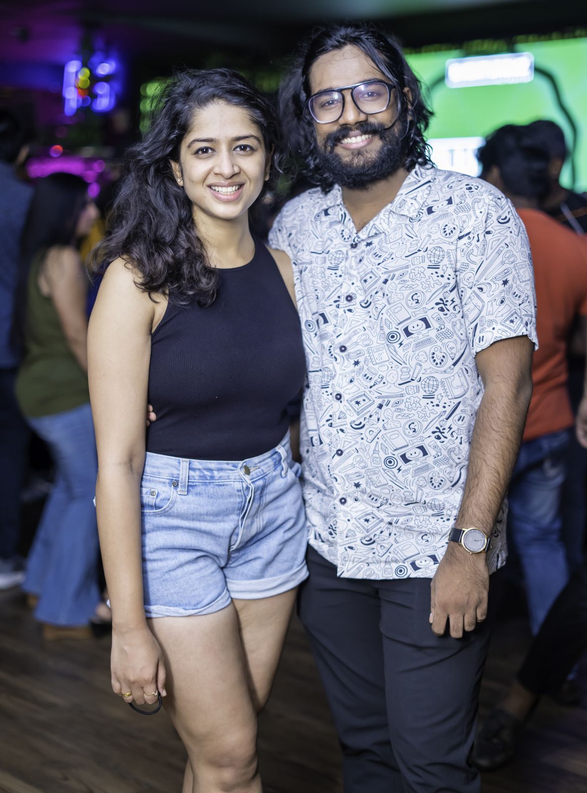 Friday night — the couple, flash-lit